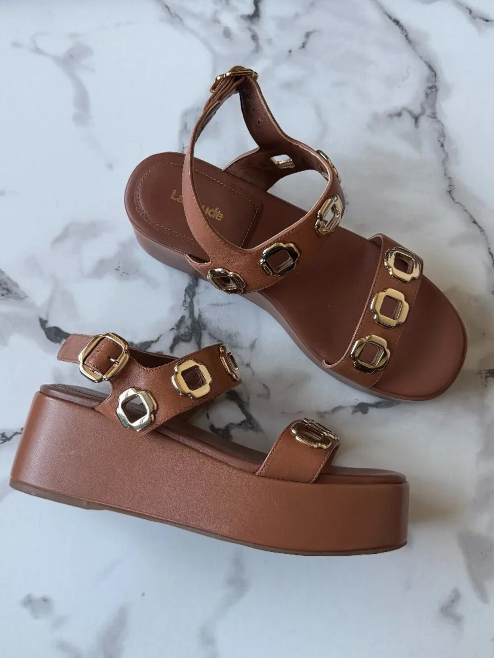 Larroudé Brown Leather Grommet Platform Sandals NEW Size 8.5